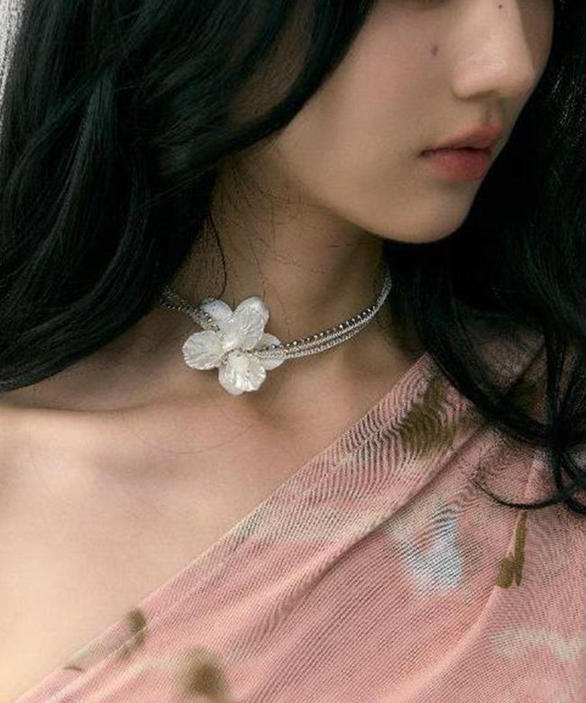 Classy White Stainless Steel Floral Pearl Shell Multi Layer Gratuated Bead Necklace YR016 ABC