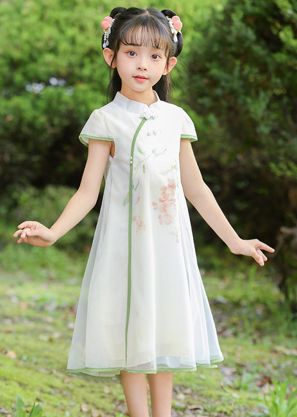 Classy White Stand Collar Print Tulle Girls Maxi Dresses Summer MN025 MM-RCTZ-SDL240701