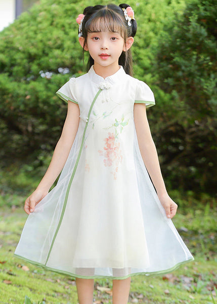 Classy White Stand Collar Print Tulle Girls Maxi Dresses Summer MN025 MM-RCTZ-SDL240701