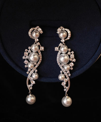 Stergild White Silver Classy Zircon Earrings Drop Pearl FashionChic