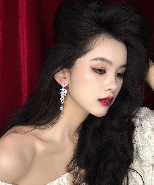 Stergild White Silver Classy Zircon Earrings Drop Pearl FashionChic