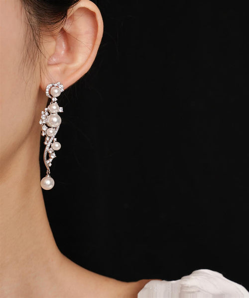 Stergild White Silver Classy Zircon Earrings Drop Pearl FashionChic