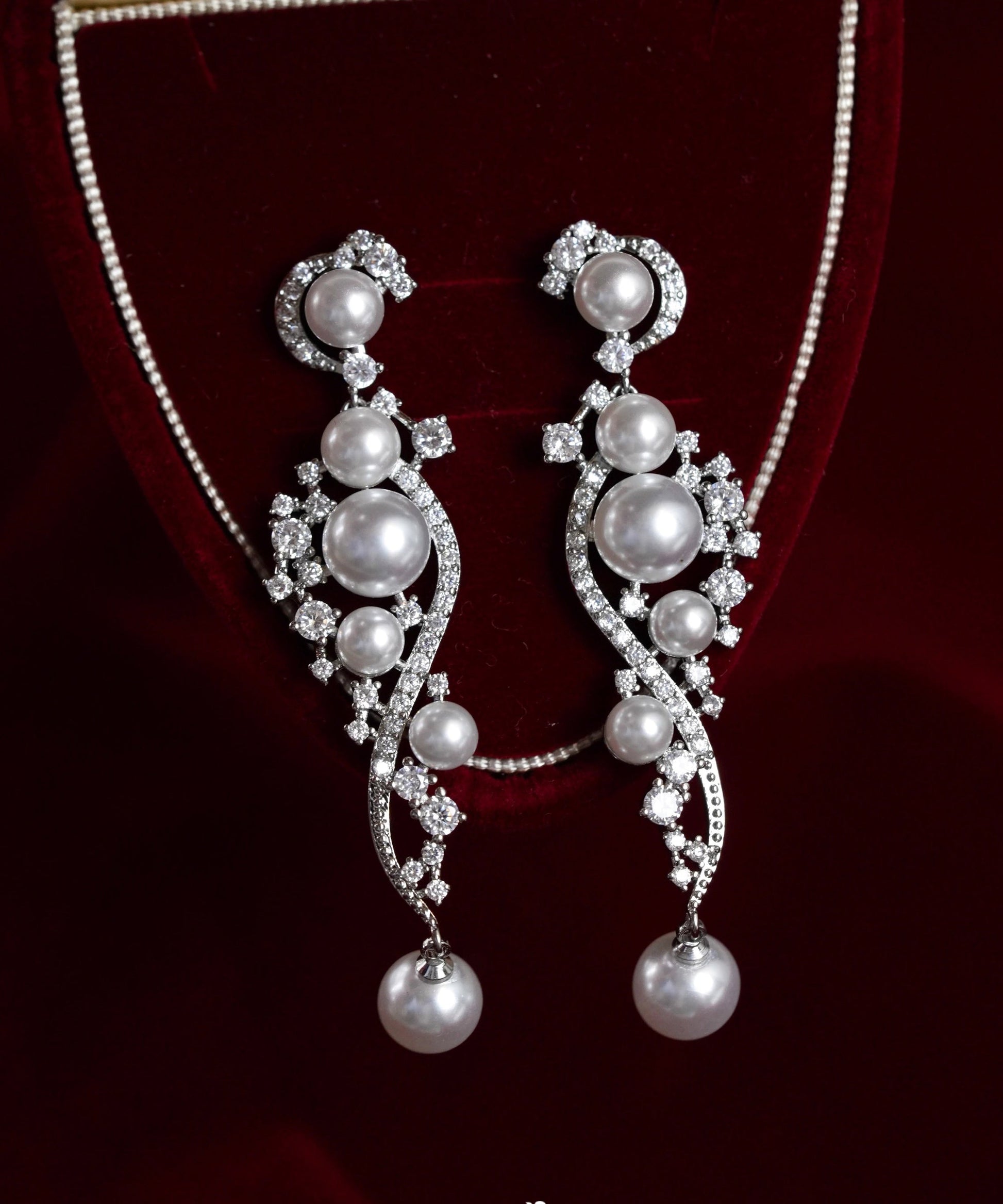 Stergild White Silver Classy Zircon Earrings Drop Pearl FashionChic