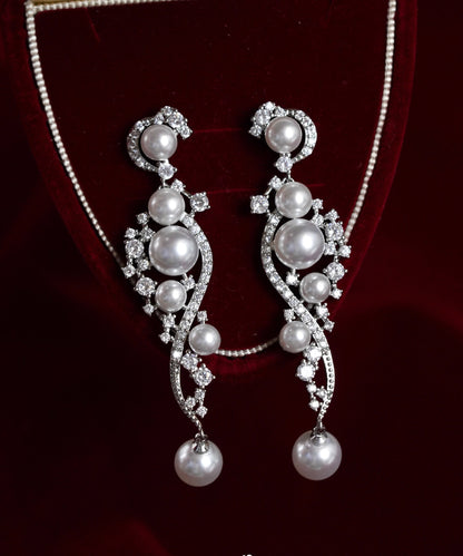 Stergild White Silver Classy Zircon Earrings Drop Pearl FashionChic