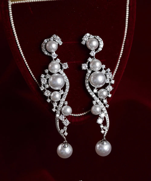 Stergild White Silver Classy Zircon Earrings Drop Pearl FashionChic