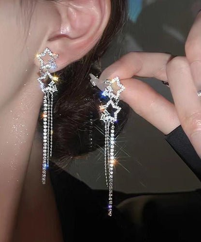 Classy White Sterling Silver Alloy Five Pointed Star Zircon Tassel Drop Earrings ZZ059 JEW-EAR240613