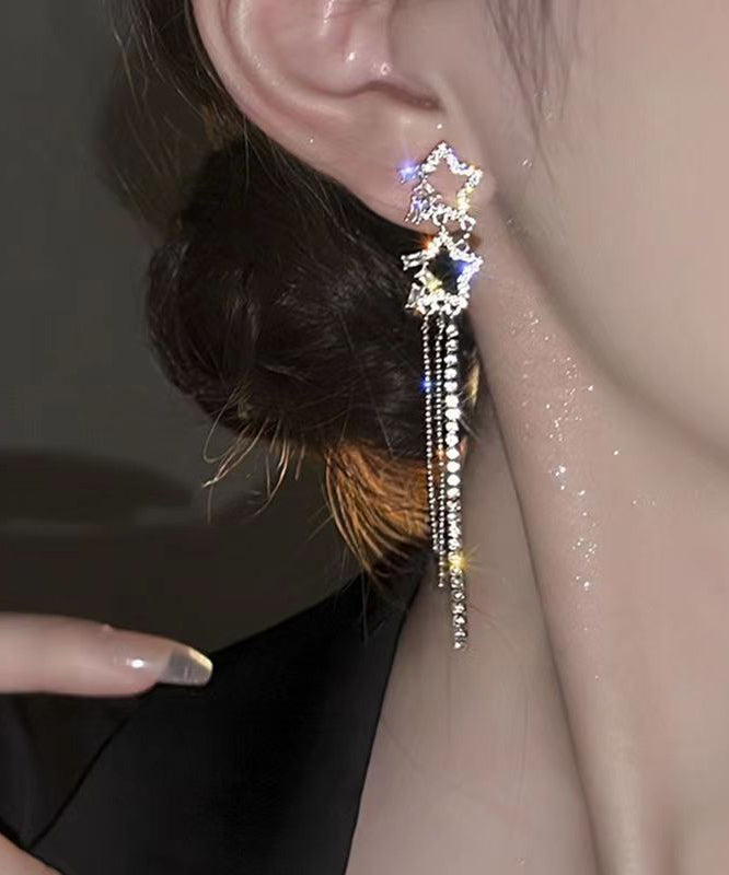 Classy White Sterling Silver Alloy Five Pointed Star Zircon Tassel Drop Earrings ZZ059 JEW-EAR240613