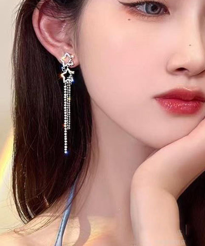 Classy White Sterling Silver Alloy Five Pointed Star Zircon Tassel Drop Earrings ZZ059 JEW-EAR240613