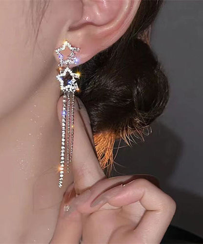 Classy White Sterling Silver Alloy Five Pointed Star Zircon Tassel Drop Earrings ZZ059 JEW-EAR240613