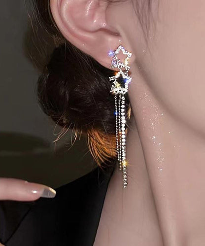 Classy White Sterling Silver Alloy Five Pointed Star Zircon Tassel Drop Earrings ZZ059 JEW-EAR240613