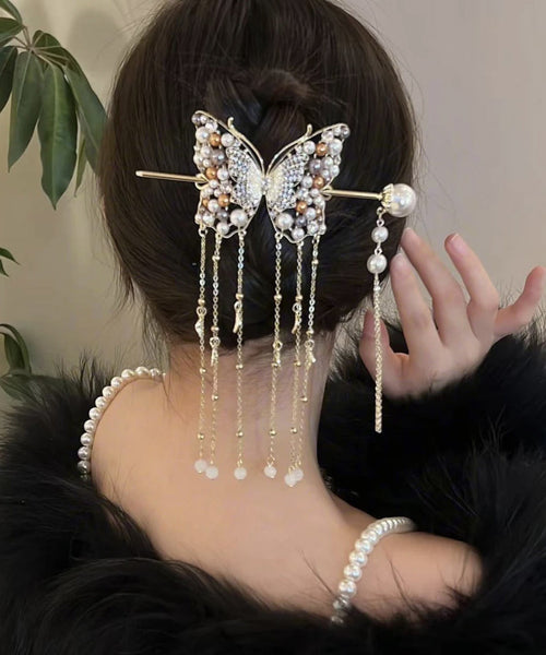 Classy White Sterling Silver Overgild Pearl Butterfly Tassel Hairpin AB1079 Genistyle Shop