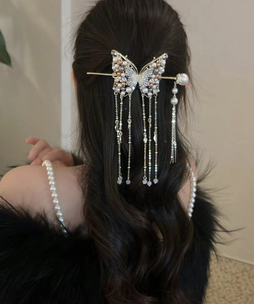 Classy White Sterling Silver Overgild Pearl Butterfly Tassel Hairpin AB1079 Genistyle Shop