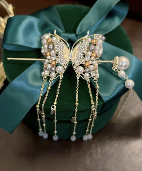 Classy White Sterling Silver Overgild Pearl Butterfly Tassel Hairpin AB1079 Genistyle Shop