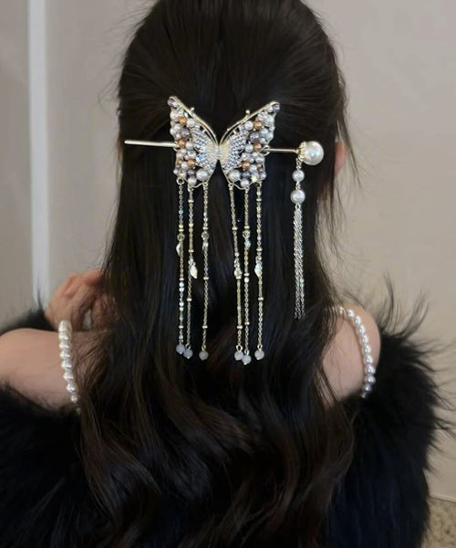 Classy White Sterling Silver Overgild Pearl Butterfly Tassel Hairpin AB1079 Genistyle Shop