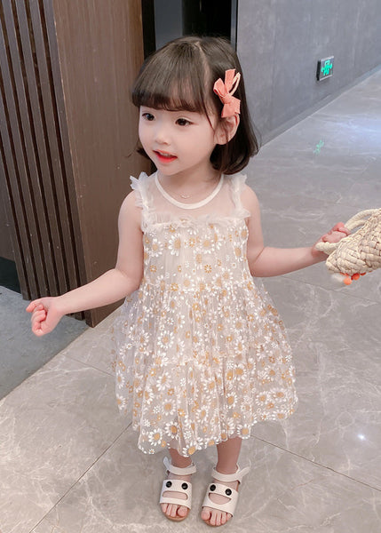 Classy White Sunflower Lace Patchwork Tulle Girls Mid Dress Summer GF004 MM-RCTZ-SDM230724