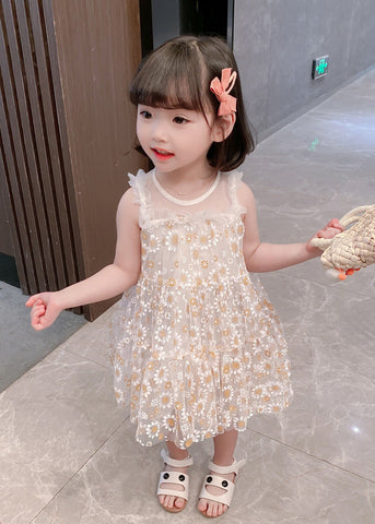 Classy White Sunflower Lace Patchwork Tulle Girls Mid Dress Summer GF004 MM-RCTZ-SDM230724