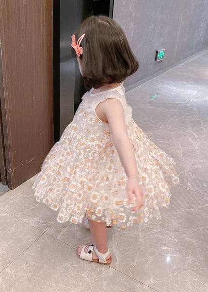 Classy White Sunflower Lace Patchwork Tulle Girls Mid Dress Summer GF004 MM-RCTZ-SDM230724