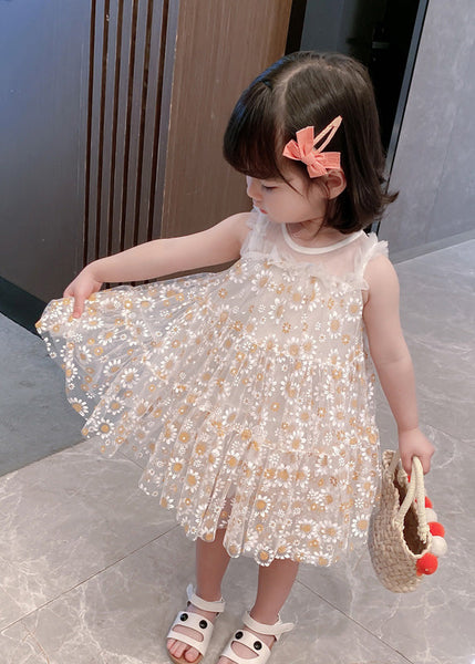 Classy White Sunflower Lace Patchwork Tulle Girls Mid Dress Summer GF004 MM-RCTZ-SDM230724