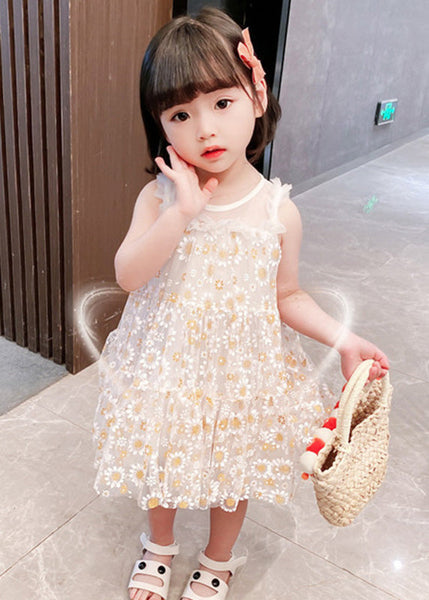 Classy White Sunflower Lace Patchwork Tulle Girls Mid Dress Summer GF004 MM-RCTZ-SDM230724