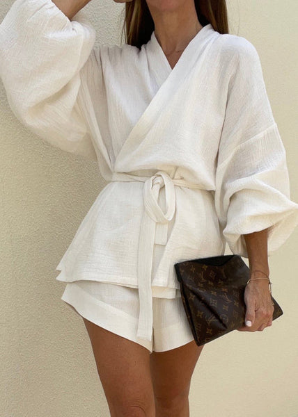 Tie Sleeve 2 Piece Cotton White Lantern Waist Outfit Classy FashionChic