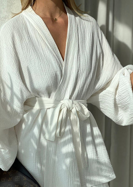 Tie Sleeve 2 Piece Cotton White Lantern Waist Outfit Classy FashionChic