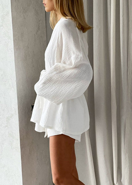 Tie Sleeve 2 Piece Cotton White Lantern Waist Outfit Classy FashionChic