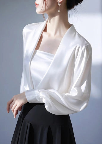 Neck Spring White V Shirt Satin Solid Classy FashionChic