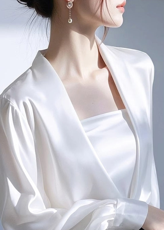 Neck Spring White V Shirt Satin Solid Classy FashionChic