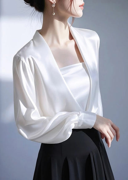 Neck Spring White V Shirt Satin Solid Classy FashionChic
