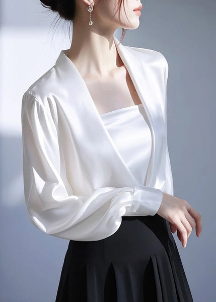 Neck Spring White V Shirt Satin Solid Classy FashionChic