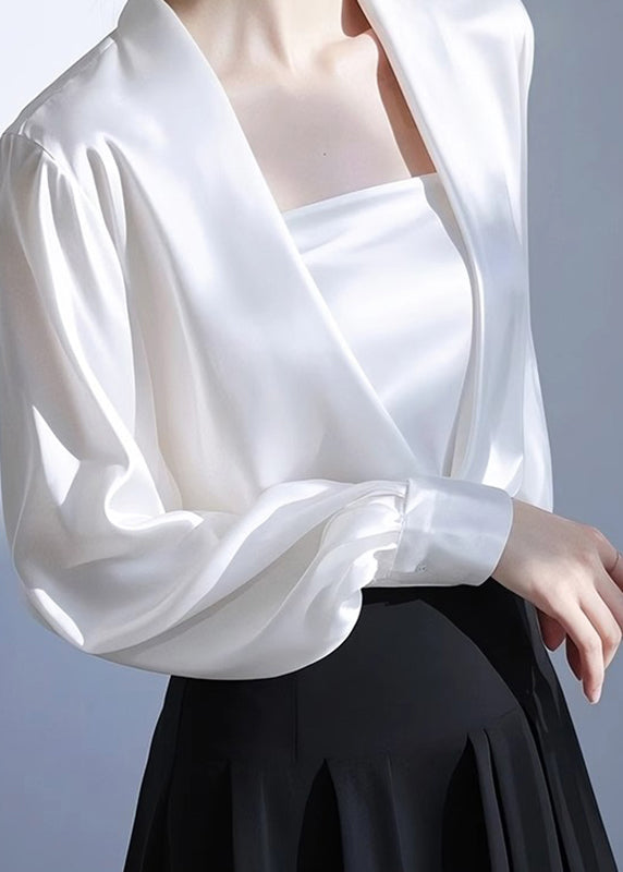 Neck Spring White V Shirt Satin Solid Classy FashionChic