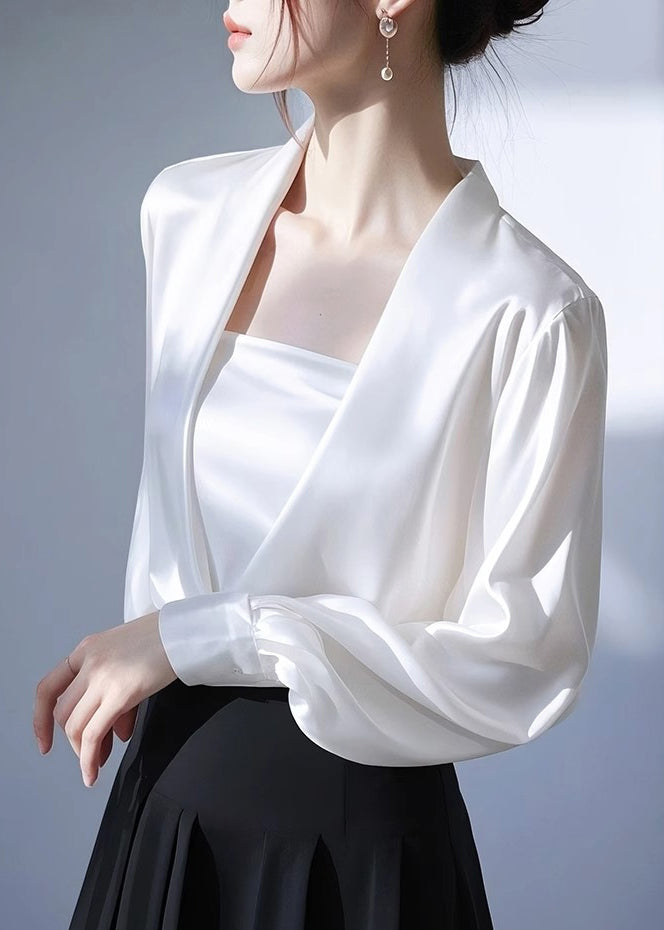 Neck Spring White V Shirt Satin Solid Classy FashionChic