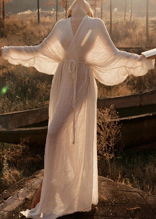 Classy White V Neck Tie Waist Cotton Dresses Long Sleeve KK062 SH-LF-SDL240602