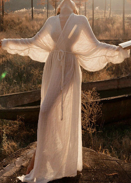 Classy White V Neck Tie Waist Cotton Dresses Long Sleeve KK062 SH-LF-SDL240602