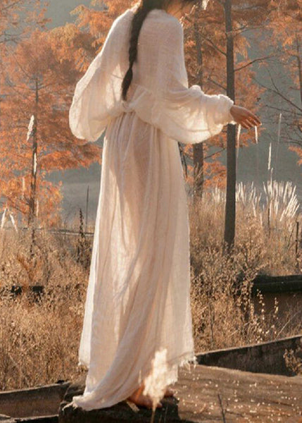 Classy White V Neck Tie Waist Cotton Dresses Long Sleeve KK062 SH-LF-SDL240602