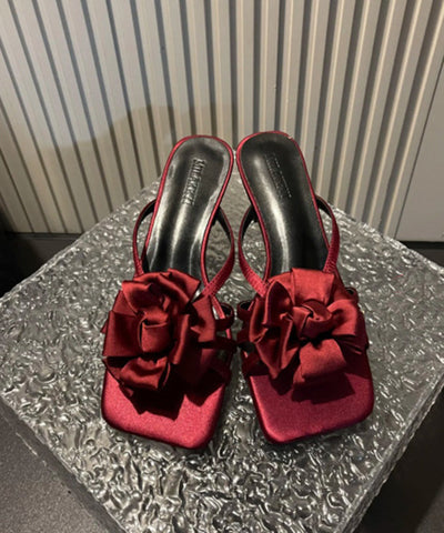 Classy Wine Red Floral Satin High Heels Slide Sandals Peep Toe KJ037 Shoe-LT240714