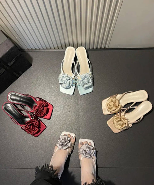 Classy Wine Red Floral Satin High Heels Slide Sandals Peep Toe KJ037 Shoe-LT240714