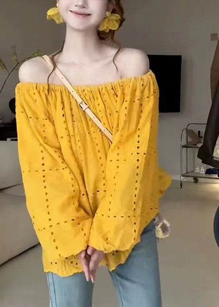 Cotton Out Shoulder Summer Shirt Yellow Hollow Classy Cold FashionChic