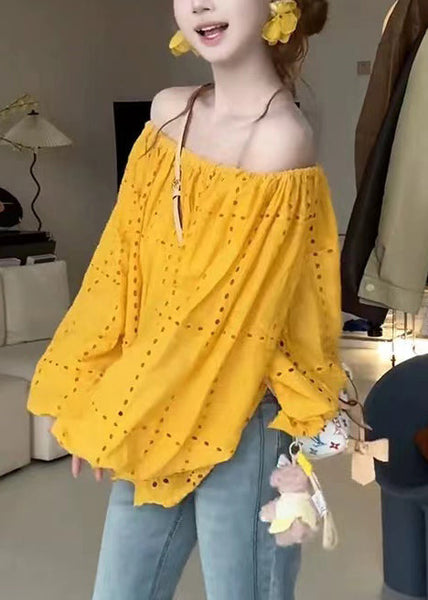 Cotton Out Shoulder Summer Shirt Yellow Hollow Classy Cold FashionChic