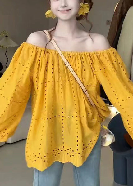 Cotton Out Shoulder Summer Shirt Yellow Hollow Classy Cold FashionChic