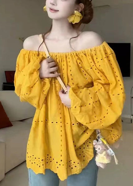 Cotton Out Shoulder Summer Shirt Yellow Hollow Classy Cold FashionChic