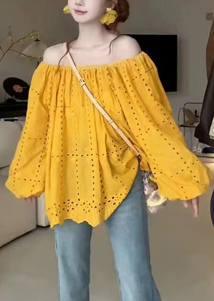 Cotton Out Shoulder Summer Shirt Yellow Hollow Classy Cold FashionChic