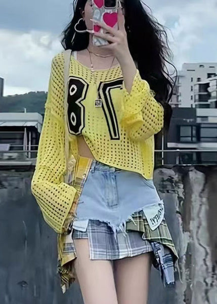 Embroidered Hollow Classy Summer Tops Out Yellow Knit FashionChic
