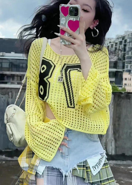 Embroidered Hollow Classy Summer Tops Out Yellow Knit FashionChic