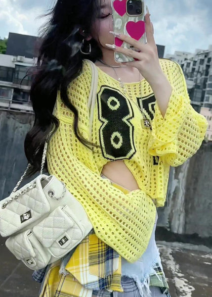Embroidered Hollow Classy Summer Tops Out Yellow Knit FashionChic