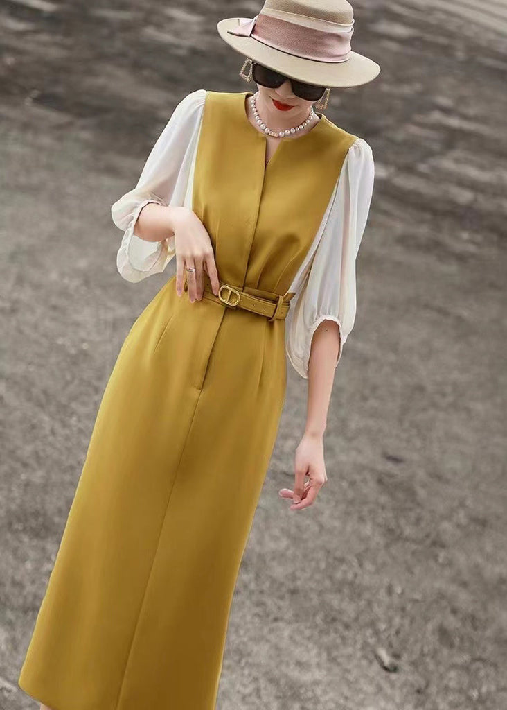 Classy Yellow O Neck Tie Waist Cotton Dress Bracelet Sleeve EE1020 SH-LF-SDL240517