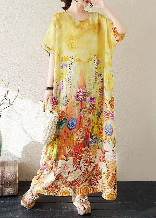 Summer Beach Yellow Classy Print Oversized Dresses Cotton FashionChic
