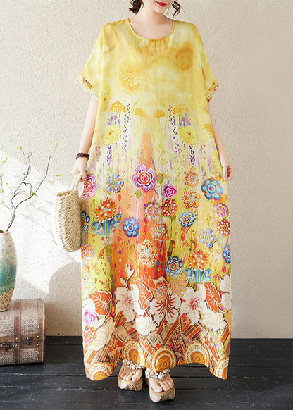 Summer Beach Yellow Classy Print Oversized Dresses Cotton FashionChic