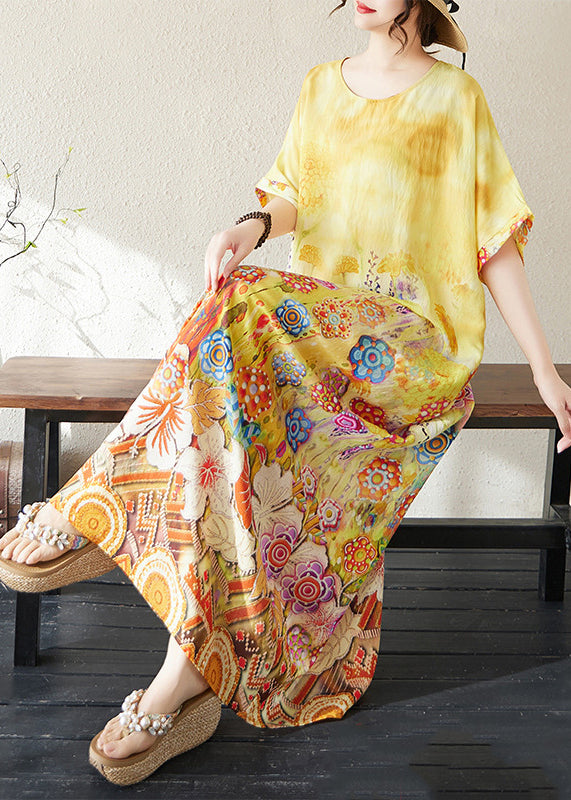 Summer Beach Yellow Classy Print Oversized Dresses Cotton FashionChic