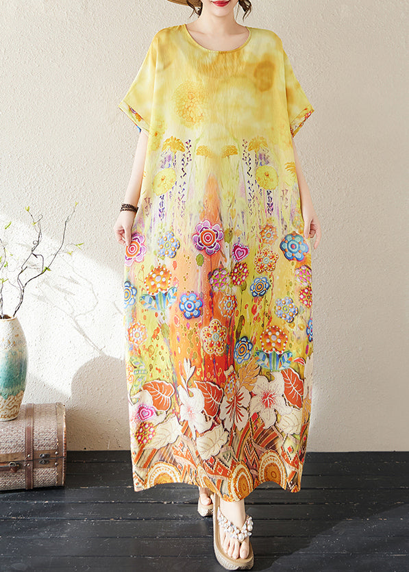 Summer Beach Yellow Classy Print Oversized Dresses Cotton FashionChic